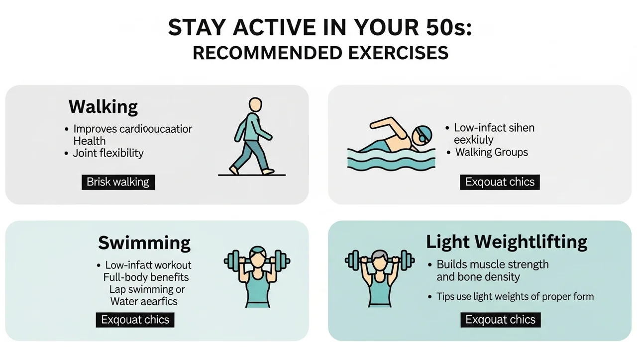한눈에 보는 50대 맞춤 운동 종류 및 강도 요약